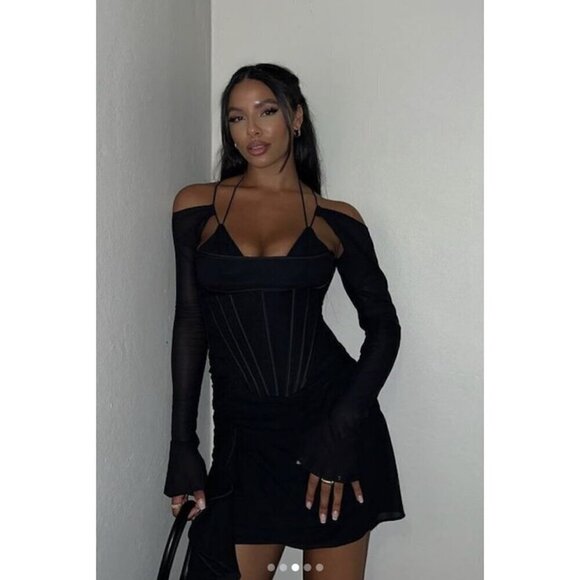 HOUSE OF CB Gianna Corset Silk Long Sleeve Dress in Black Size Small - Picture 3 of 16